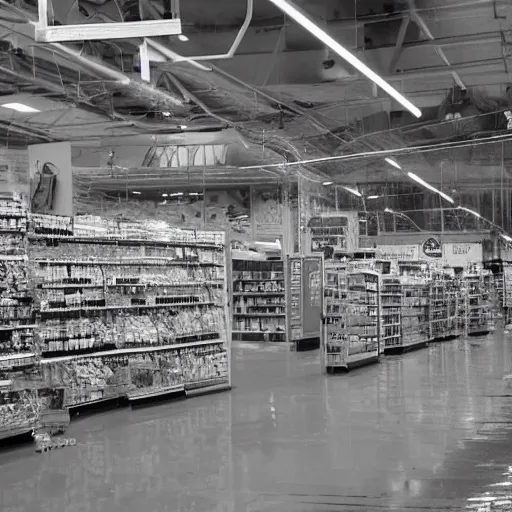 Image similar to a ransacked grocery store, broken signs, filthy flooring. Vines growing. Award-winning photo. OM system 12–40mm PRO II 40mm, 1/100 sec, f/2 8, ISO 800