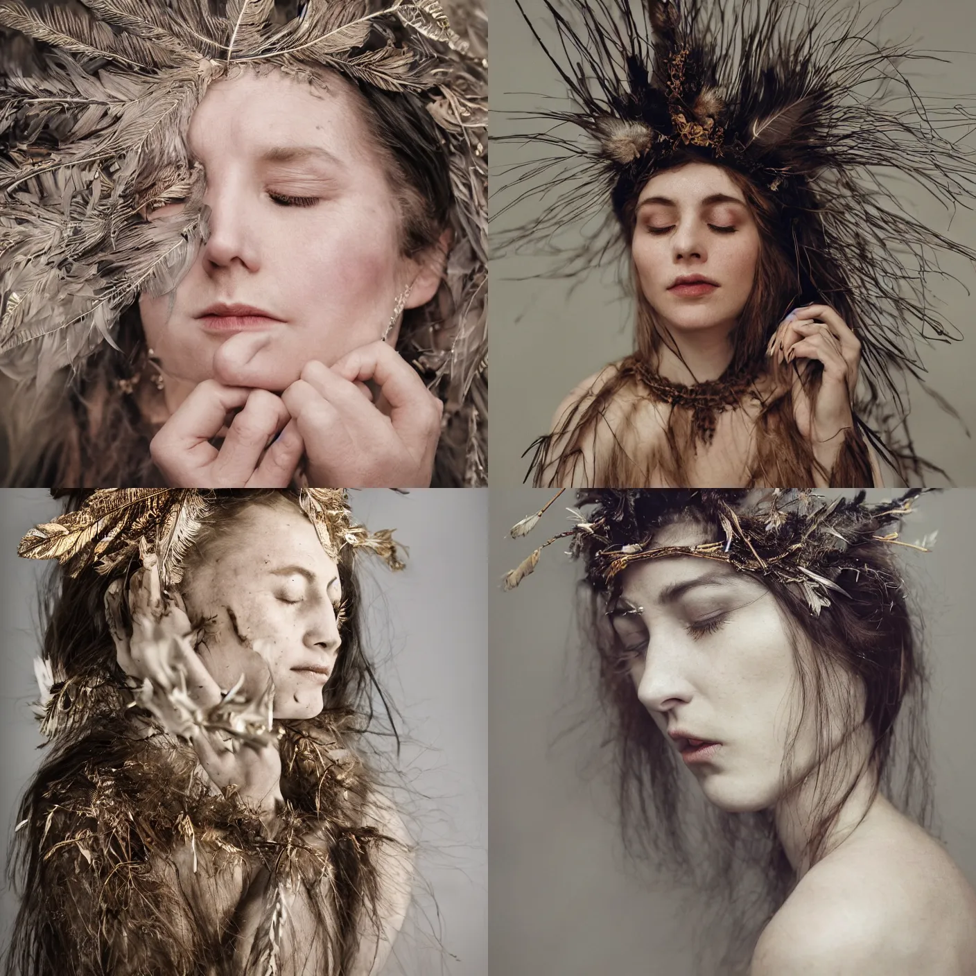 Prompt: An analog head and shoulder frontal face portrait photography of a woman wearing a intricate twig and feathers crown by Flora Borsi and Annie Leibovitz. Long black hair. eyes closed. Kodak Color Plus 800 film. Icelandic mood. detailed. hq. realistic. warm light. muted colors. lens flare. Glare and bloom. photoreal. Medium format photography. Golden hour. Leica M9.