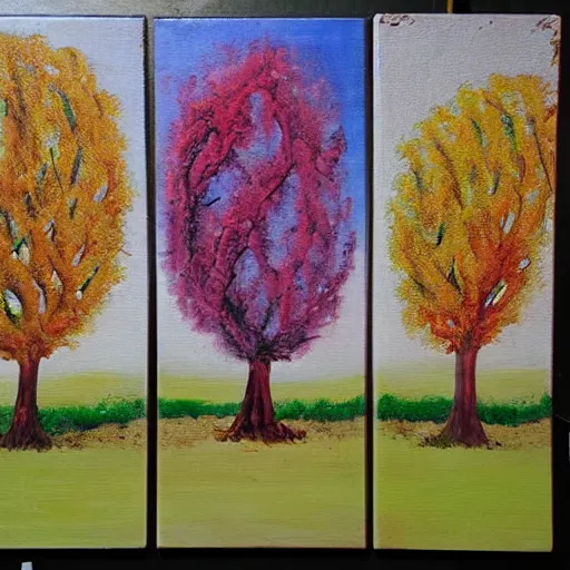 Prompt: a three panel painting with the stages of a tree's growth