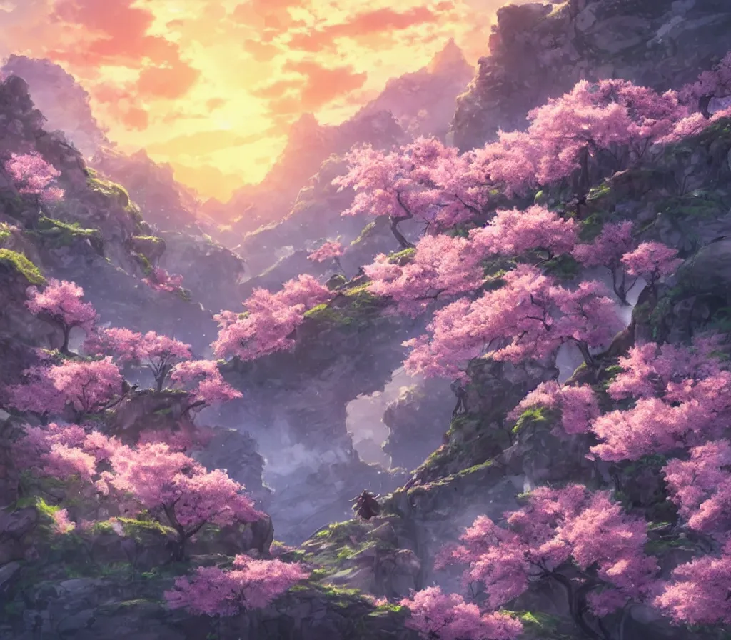 Image similar to sakura blossom in the mountains, stunning, extraordinary, made in abyss style, epic sunset, detailed, dynamic scene