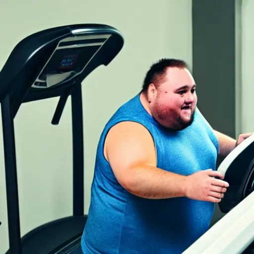Prompt: a fat man running on a treadmill heavily sweating