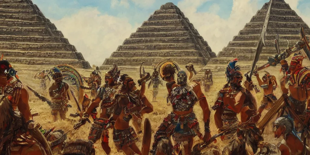 Prompt: simonetti rutkowski painting aztec warriors watching spaceship arriving to mesoamerican pyramid