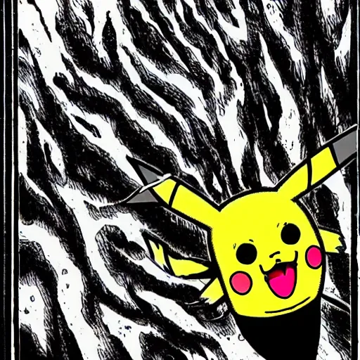 Image similar to junji ito pikachu, horror manga illustration, electric rodent