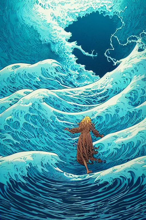 Image similar to a sea witch summoning a giant wave by dan mumford and karol bak and john harris and fritz willis and victo ngai, highly detailed, photorealism, hyperrealistic