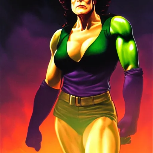 Prompt: full figure, Sigourney weaver as She-Hulk, atmospheric lighting, painted, intricate, golden hour, ultra detailed by Alex Ross