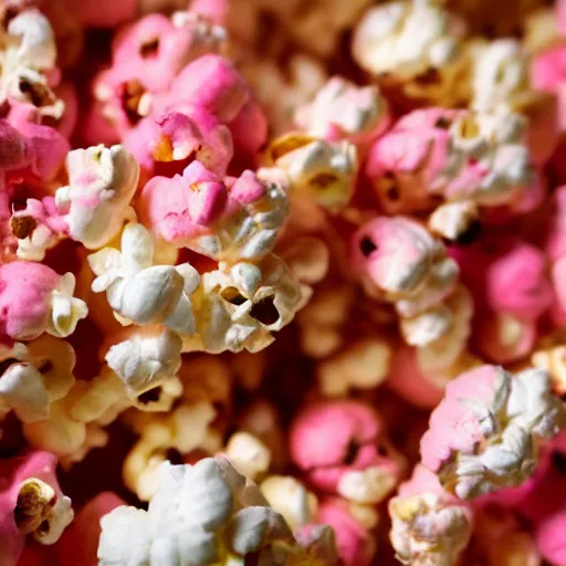 Image similar to close up high resolution photo of pink popcorn, very tasty, food photography, instagram, trending