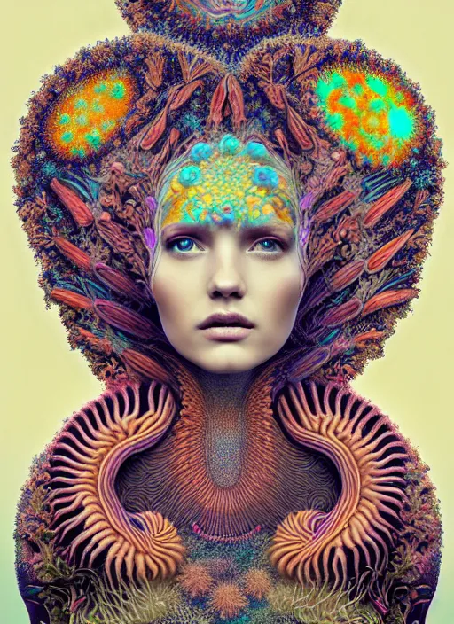 Prompt: ridiculously beautiful young womans face, radiating psychedelics, portals into nature, coral, birds, symmetrical, in the style of ernst haeckel, effervescent, sacred geometry, warm, surrealism, photo realistic, epic and cinematic,