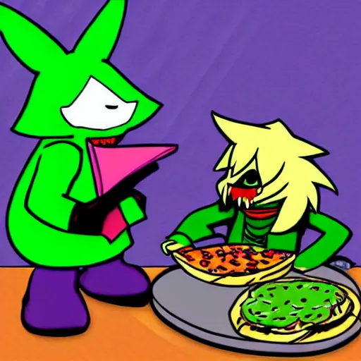 Prompt: ralsei from deltarune eating pizza with asriel from deltarune