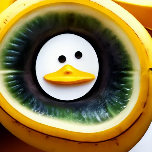 Image similar to Professional photograph of a peeled banana with small dot eyes and a duck beak. A banana duck. Banana that looks like a duck.