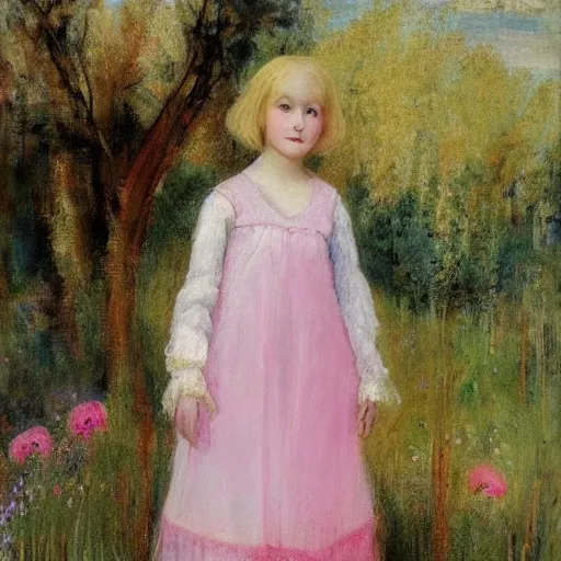 Image similar to A experimental art of a young girl with blonde hair, blue eyes, and a pink dress. She is standing in a meadow with flowers and trees. costume by Tom Roberts placid