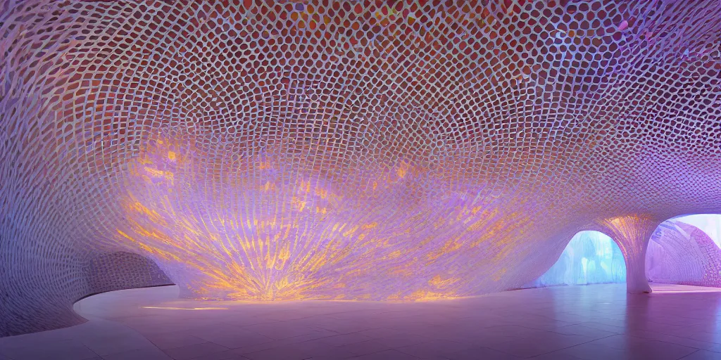 Image similar to extremely detailed awe stunning beautiful futuristic smooth curvilinear museum interior, translucent gills, hyper real, 8k, colorful, 3D cinematic volumetric light, atmospheric light