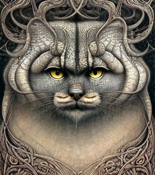 Image similar to detailed realistic beautiful manul portrait by jean delville, gustave dore, iris van herpen and marco mazzoni, art forms of nature by ernst haeckel, art nouveau, symbolist, visionary, gothic, neo - gothic, pre - raphaelite, fractal lace, intricate alien botanicals, ai biodiversity, surreality, hyperdetailed ultrasharp octane render