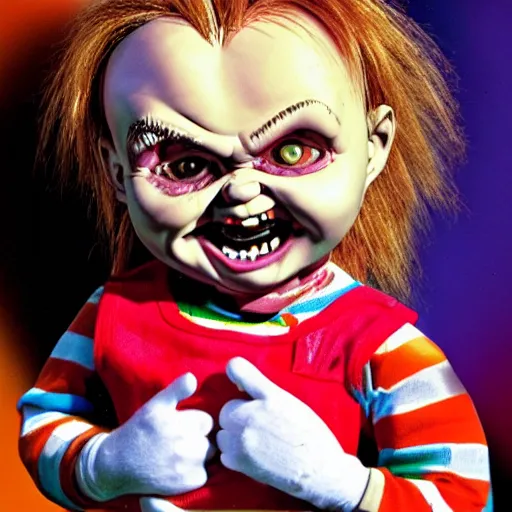 Image similar to hybrid of chucky and chuck e. cheese