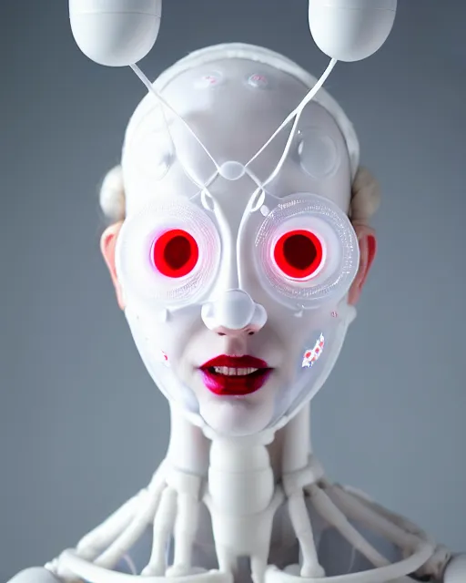 Image similar to portrait of a woman wearing a white embroidered translucent silicone mask and white red frizzy hair buns, wearing a silicone white bodysuit, white background, soft diffused light, biotechnology, kinetic sculpture, humanoide robot, translucent, intricate details, highly detailed, highly complex masterpiece