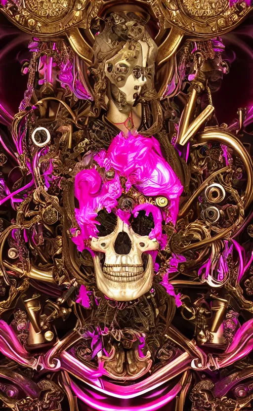 Image similar to a 3d Letter A with a large glowing pink crystal in the center, bronze cyberpunk style statue, mechanical flowers, flowing magenta silk, fabric, steampunk flowers. baroque elements, human skull. full-length view. baroque element. intricate artwork by caravaggio. many flying horses on background. Trending on artstation, octane render, cinematic lighting from the right, hyper realism, octane render, 8k, depth of field, 3D