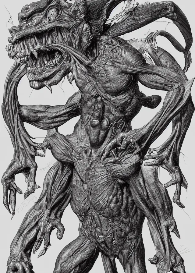 Image similar to a detailed biological anatomy of a gargoyle, medical illustration