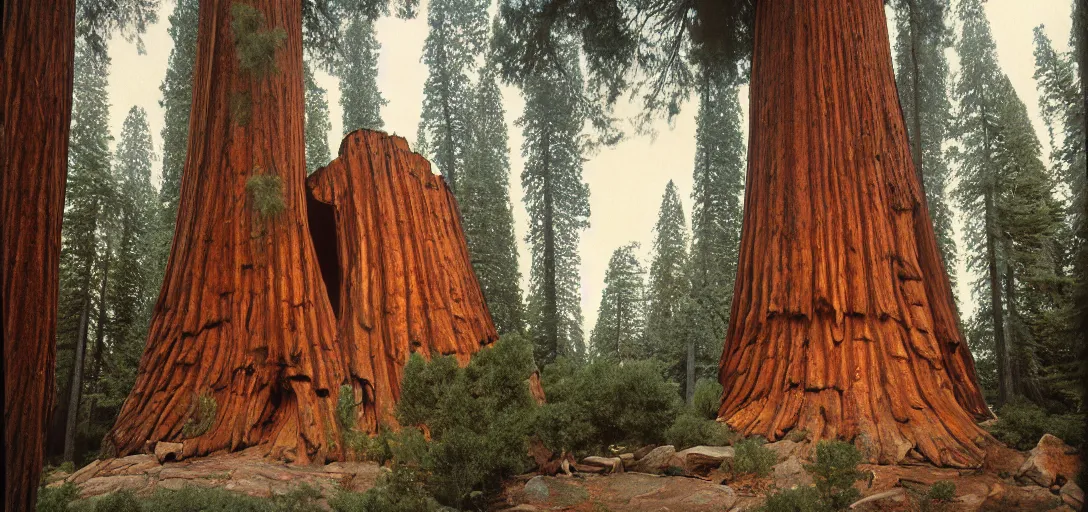 Image similar to house built into and inside a single giant sequoia. color photograph by jerry uelsmann. fujinon premista 1 9 - 4 5 mm t 2. 9. portra 8 0 0.