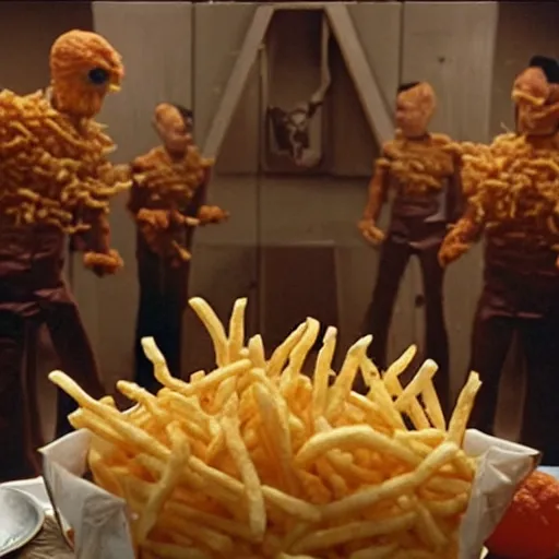 Image similar to Monsters made of French Fries fighting Star Fleet Officers in the mess, film still from the movie directed by Denis Villeneuve with art direction by Salvador Dalí,