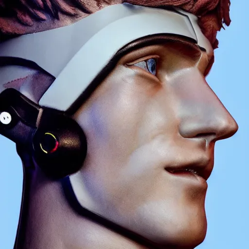 Image similar to “a realistic detailed photo of a guy who is an attractive humanoid who is half robot and half humanoid, who is a male android, twitch streamer Ninja Tyler Blevins, shiny skin, posing like a statue, blank stare, bedroom, close up”