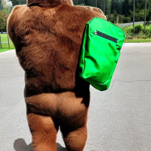 Image similar to big realistic bear standing on two legs, wearing big green bag backpack at his back, photo realistic, high detail, smooth