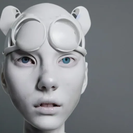 Image similar to full head and shoulders, beautiful female porcelain sculpture with all white 3 d cyborg elements, white prosthetic eyes, 3 d goggles, smooth, all white features on a white background, delicate facial features, white eyes, white lashes, detailed white liquid, cyberpunk, anatomical by daniel arsham and james jean