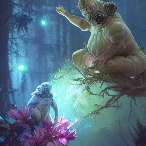 Image similar to ultra realistic illustration of magical tardigrade, forest, fantasy, colorful lights, intricate, elegant, highly detailed, digital painting, artstation, concept art, smooth, sharp focus, illustration, art by artgerm and greg rutkowski and alphonse mucha