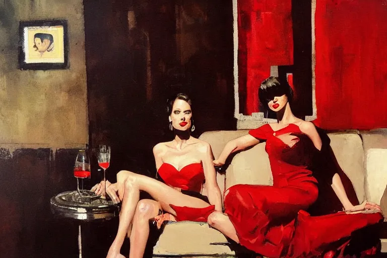 Image similar to a woman in a red dress sits on a sofa and drinks champagne in a dark living room, painted by phil hale and rick berry and dean cornwell and norman rockwell and jeremy mann