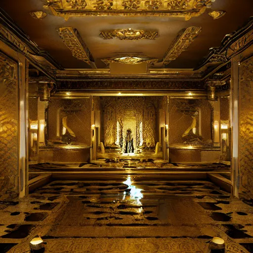 Prompt: interior of a golden palace in a water realm with water flowing through the walls everywhere, ultra detailed, hyperrealistic, 8k hd artwork, featured on artstation, cinema 4d, octane render, cinematic, cinematic lighting,