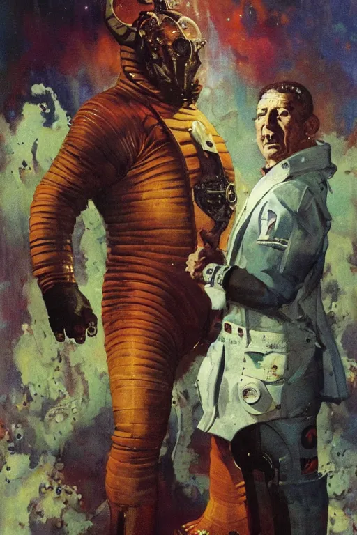 Image similar to full body portrait of fat dorian yates as demon chief standing beside elegant space woman in latex spacesuit, by norman rockwell, jack kirby, jon berkey, earle bergey, craig mullins, ruan jia, jeremy mann, tom lovell, marvel, astounding stories, 5 0 s pulp illustration, scifi, fantasy, artstation creature concept