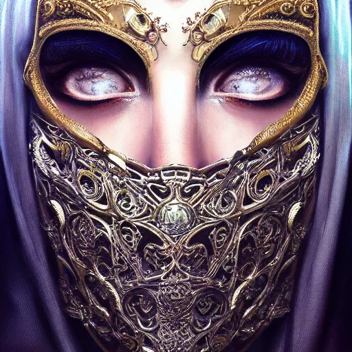 Image similar to Very very very very highly detailed epic photo of face with venetian mask, intricate, dystopian, sci-fi, extremely detailed, digital painting, artstation, concept art, smooth, sharp focus, illustration, intimidating lighting, incredible art by Artgerm