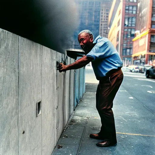 Prompt: closeup portrait of a man fishing in a manhole in a smoky new york street , by Annie Leibovitz and Steve McCurry, natural light, detailed face, CANON Eos C300, ƒ1.8, 35mm, 8K, medium-format print