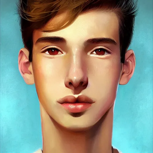 Prompt: colorful Captivating teenage boy with brown blond short quiff hair and thin facial structure with cleft chin, crooked nose, good definition of cheekbones, Alert brown eyes, narrow face, slim body, wearing a detailed Japanese kimono with golden details, atmospheric lighting, painted, intricate, 4k, highly detailed by Charlie Bowater