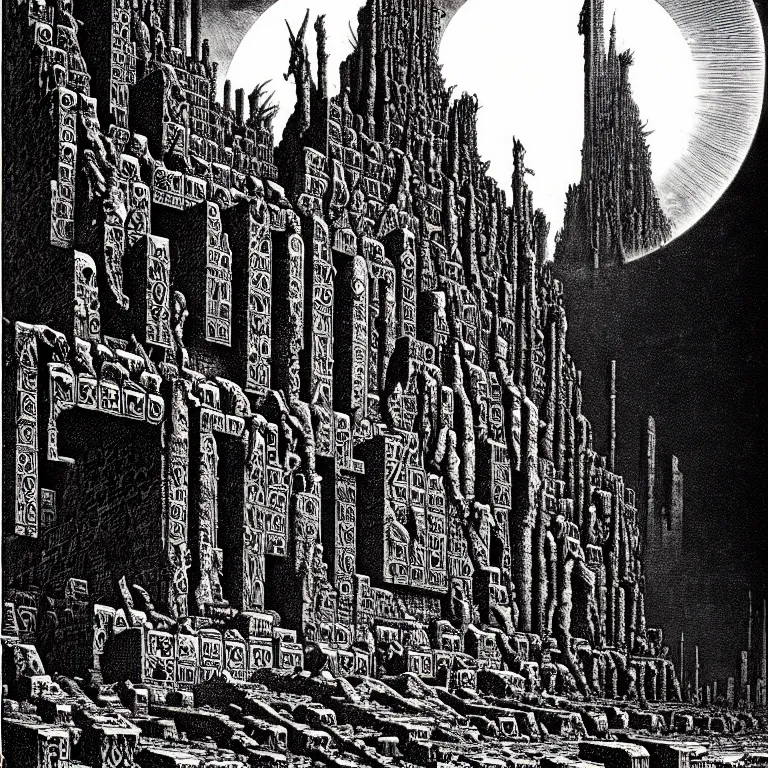 Prompt: the ruins of babylon. extremely high details, perfect face, black and white, masterpiece, magnum opus engraving by gustave dore, jean giraud, philippe druillet