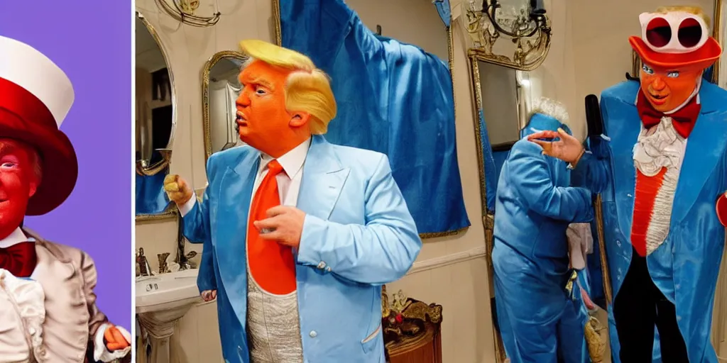 Image similar to ultra wide angle photo of donald trump dressed as willy wonka, from willy wonka and the chocolate factory, looking at himself in a bathroom mirror and seeing his reflection as an oompa loompa version of himself