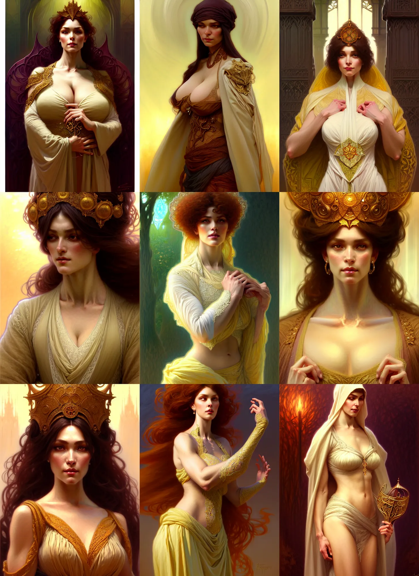 Image similar to character concept portrait of me as modest wife blessed by god to grow ever more intelligent beautiful voluminous muscular tall and virtuous. modestly clothed, intricate, elegant, highly detailed, digital painting, artstation, concept art, symmetry, smooth, sharp focus, illustration, art by gaston bussiere and alphone mucha