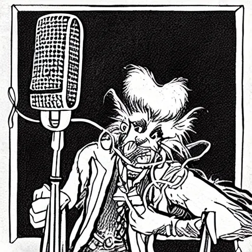 Image similar to drawn in the style of jean giraud!! rackham the red wearing headphones and speaking into big microphone, podcast studio