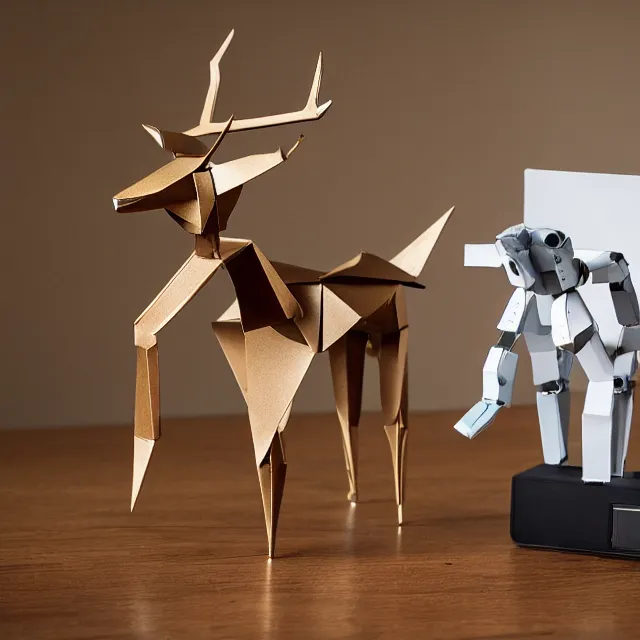 Image similar to a photograph of a deer origami and a humanoid robot mecha origami on top of a wooden table