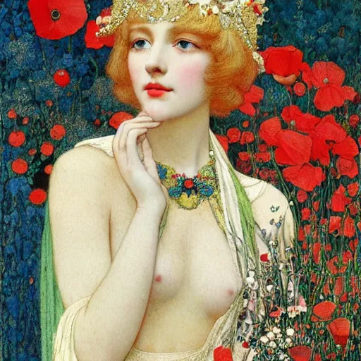 Prompt: beautiful blonde young woman wearing an elaborate jeweled headdress with poppies dreamlike portrait by frank cadogan cowper, carlos schwabe, william morris, edmund dulac, and alphonse mucha, beautiful refined hyperdetailed dreamscape