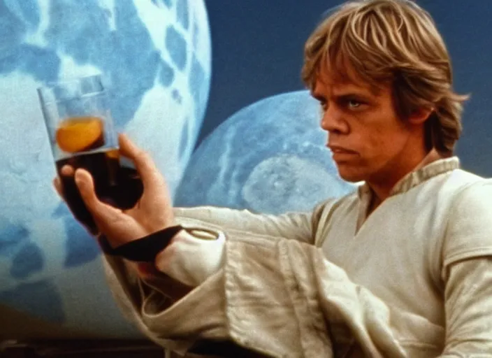 Image similar to screenshot of Luke Skywalker drinking blue milk, on a marble designed planet, famous scene from the 1980s film directed by Stanley Kubrick cinematic lighting, moody cinematography, with anamorphic lenses, crisp, detailed portrait, 4k image