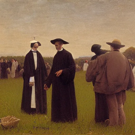 Image similar to a puritan priest preaching to some people in a field, 1 8 9 0 s, by francis davis millet