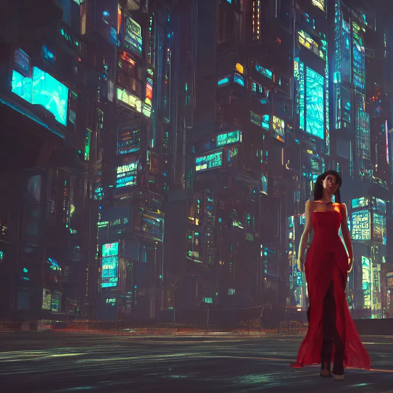 Image similar to Woman in the evening dress in the cyberpunk city by Ivan Lopez, photorealistic, unrealengine, 3d render, 8k resolution