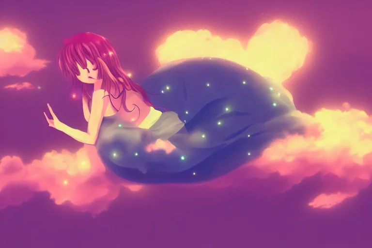 Prompt: a cute anime girl sleeping on a cloud, misty, glows, digital art, hazy, foggy, ambient lighting, 8 k, neon, synthwave,