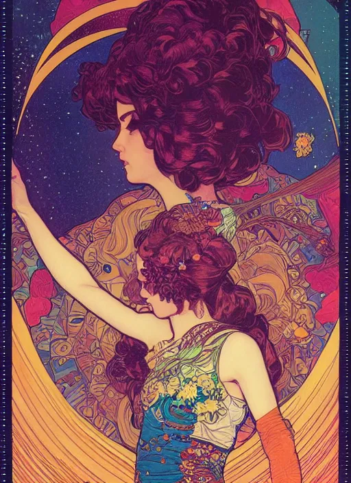 Prompt: fractal cosmonaut girl, poster art by Victor Moscoso Dan Mumford Kilian Eng Hannah Jeffrey Smith Rick Griffin Alphonse Mucha Gustav Klimt Ayami Kojima Amano Charlie Bowater