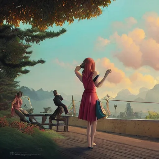 Image similar to a beautiful scenic painting by artgerm and wlop and wes anderson and spike jonze