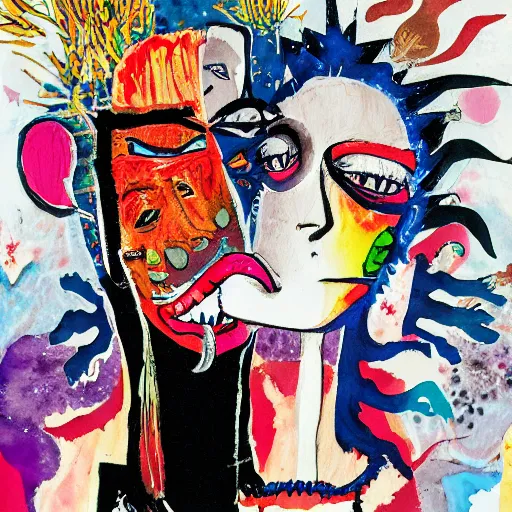 Image similar to watercolor painting of a closeup of two bizarre psychedelic scary women kissing in japan in winter, speculative evolution, mixed media collage by basquiat and jackson pollock, maximalist magazine collage art, sapphic art, psychedelic illustration