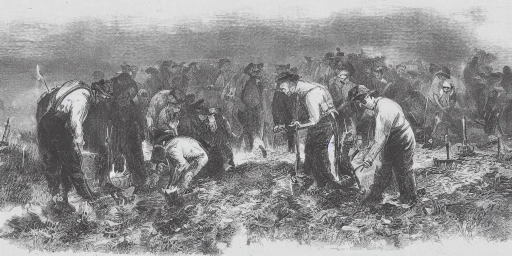 Image similar to Townsfolk digging up a grave at night, torches, 1880's, high angle