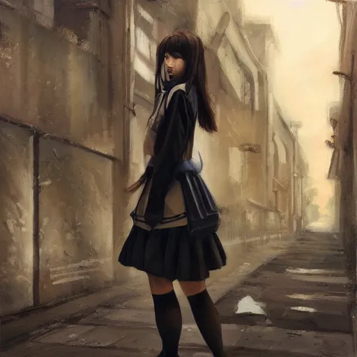 Image similar to a perfect, realistic professional oil painting of a Japanese schoolgirl posing in a dystopian alleyway, style of Marvel, full length, by a professional American senior artist on ArtStation, a high-quality hollywood-style concept