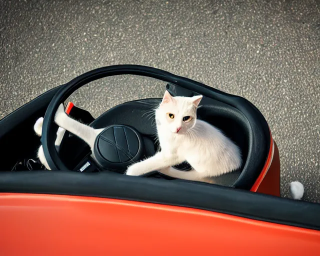 Prompt: top view of cabriolet, cat sitting in driver seat with paws on steering wheel, golden hour