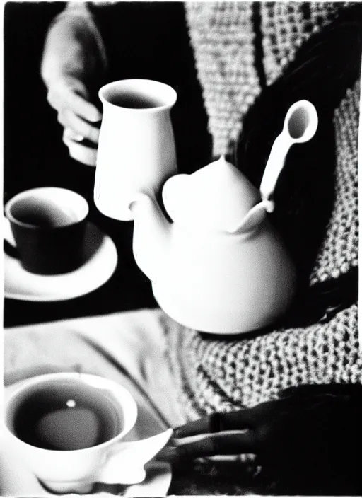 Image similar to A frame from the film 'Knitting at Home sipping some tea' directed by Salvador Dali, 70mm, forest, black and white, grainy film photography, chiaroscuro, highly detailed, masterpiece