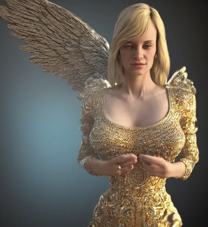 Image similar to centered waist up portrait of an angel wearing an incredible dress with jewelry, bokeh + DOF + 8k, photorealistic + rendered in octane + ultra realistic + backlit + strong rim light + HDRI, HD, by midjourney, trending on artstation